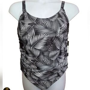Nicole Miller Womens 1 Pc Swimsuit Black Gray Shadow Palms Print 2x Nwt